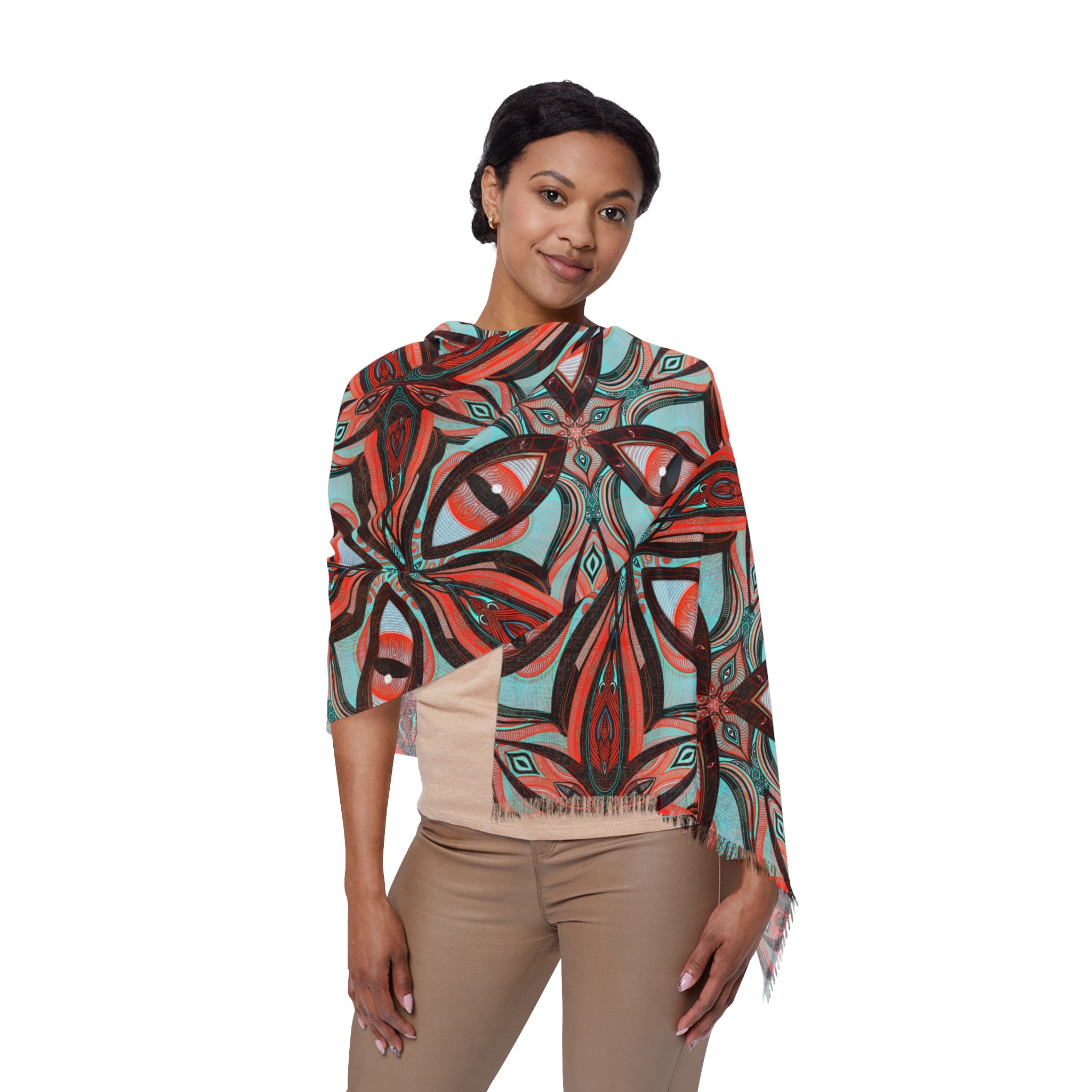 Geometric Floral Light Scarf — Boho Red & Teal Patterned Wrap #ij83798