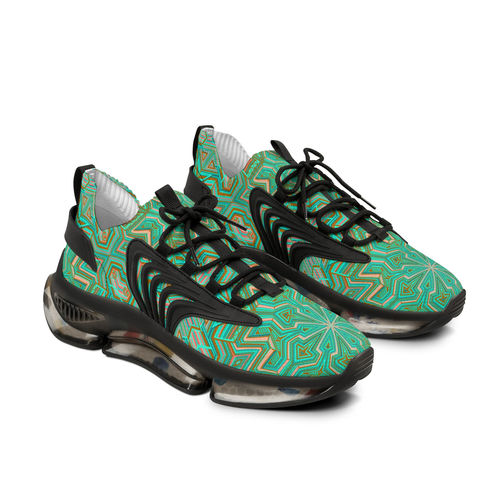 Green Geometric Mesh Sneakers — Men's Athletic Shoes with Kaleidoscope Pattern #khf87656
