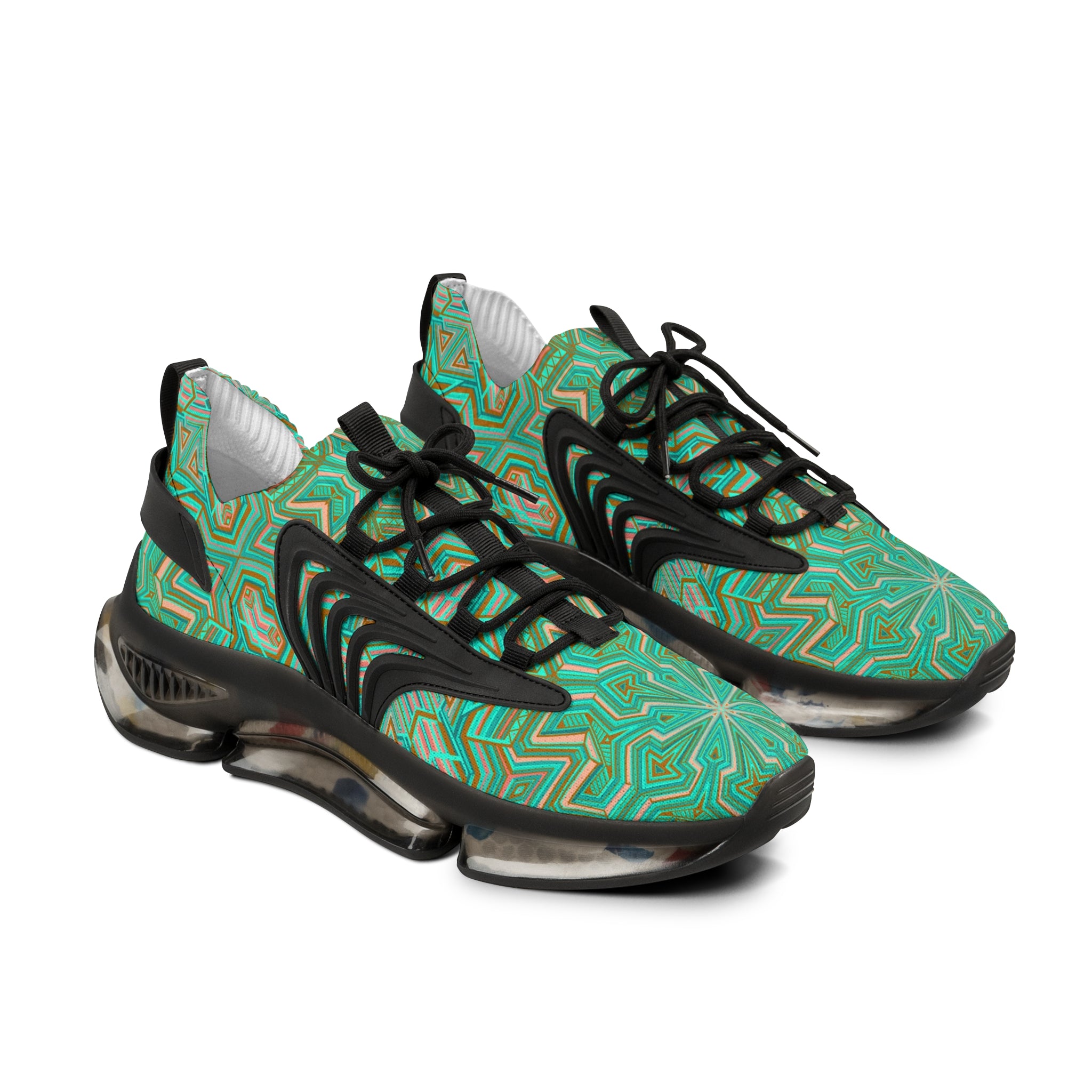 Green Geometric Mesh Sneakers — Men's Athletic Shoes with Kaleidoscope Pattern #khf87656