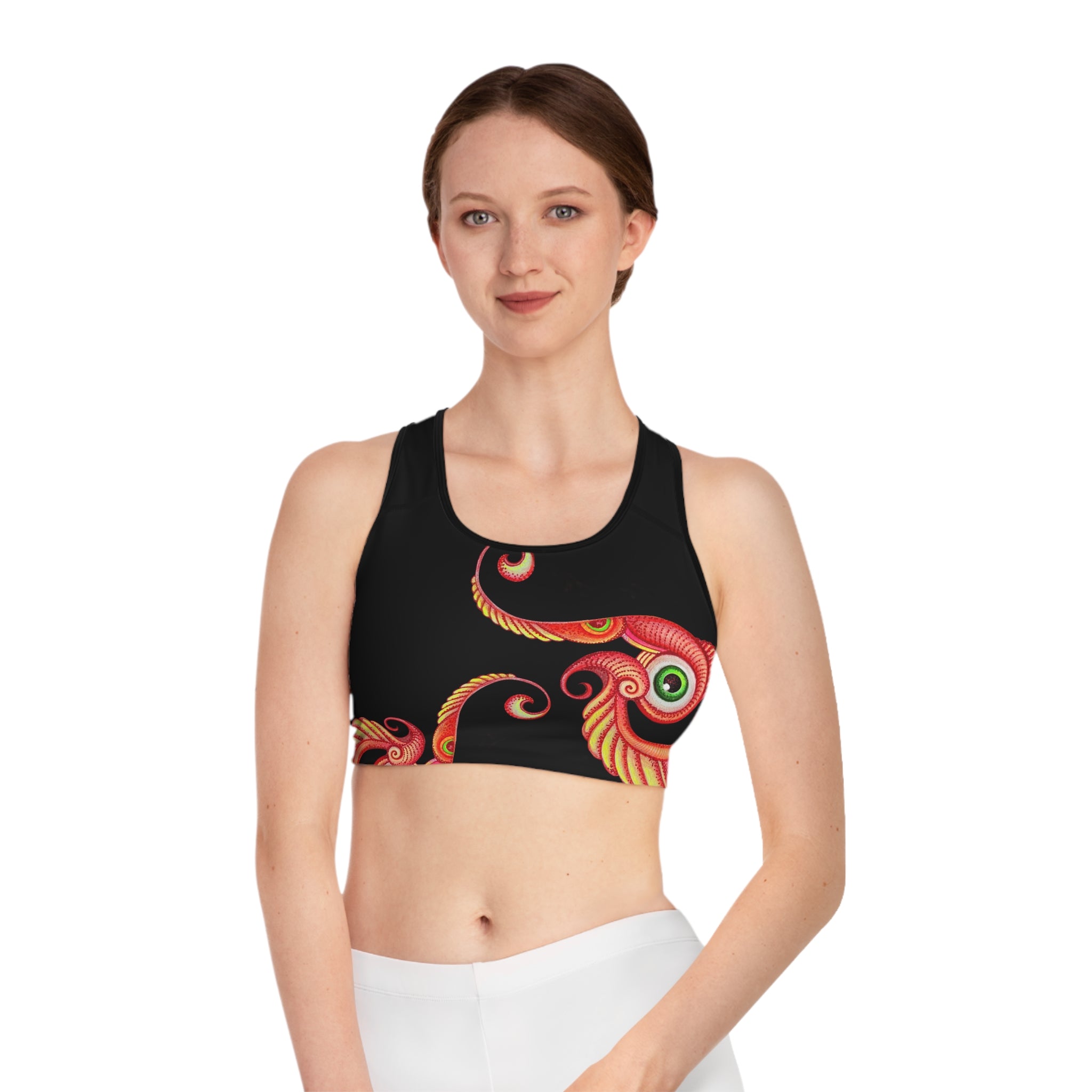 Floral Swirl Performance Sports Bra — Black Red Artistic Print #ir98