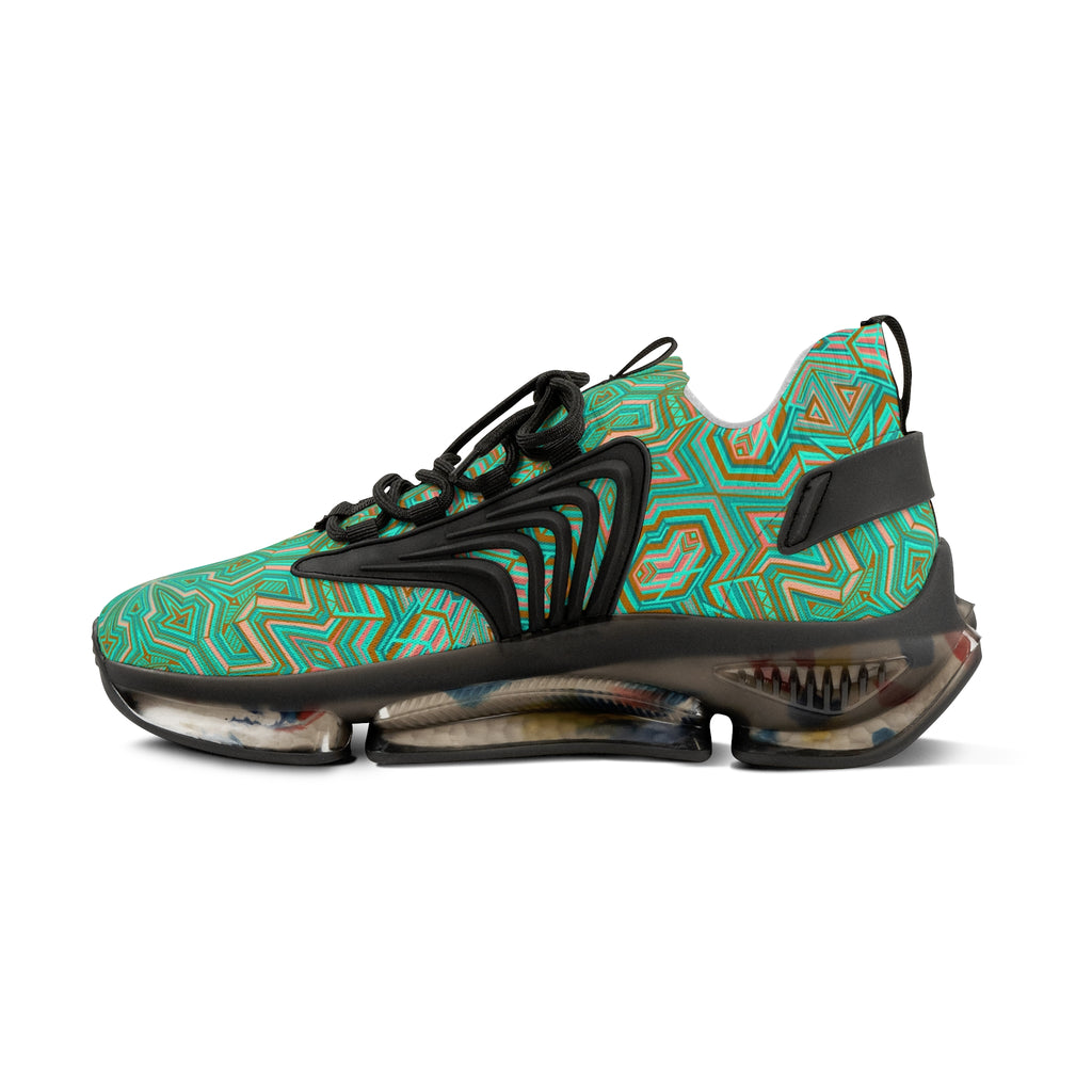 Green Geometric Mesh Sneakers — Men's Athletic Shoes with Kaleidoscope Pattern #khf87656