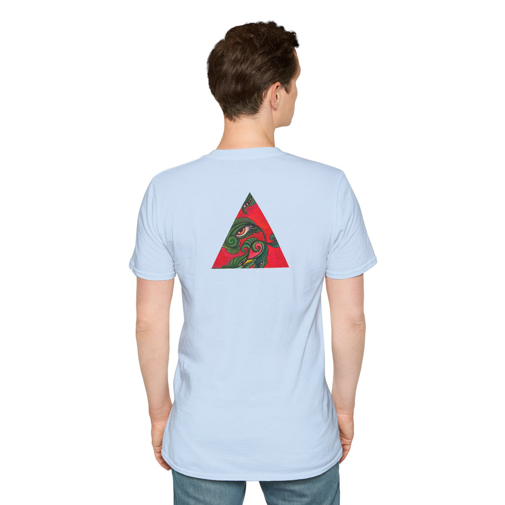 Geometric Tribal Eye Tee — Abstract Red & Green Triangle Graphic T-Shirt #sx432177