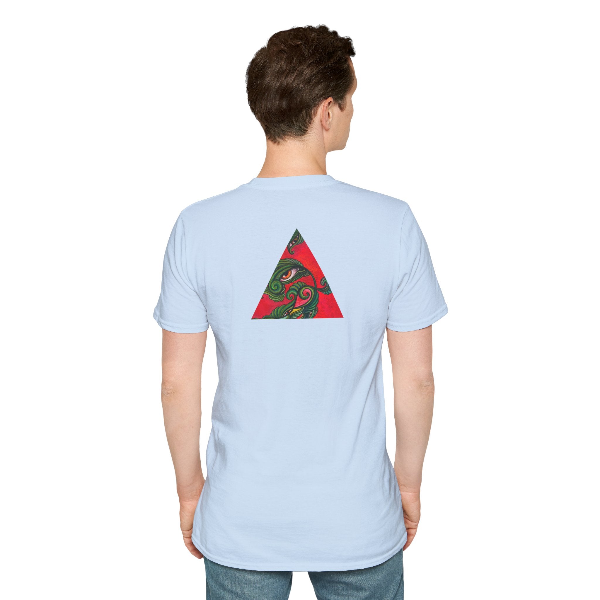 Geometric Tribal Eye Tee — Abstract Red & Green Triangle Graphic T-Shirt #sx432177