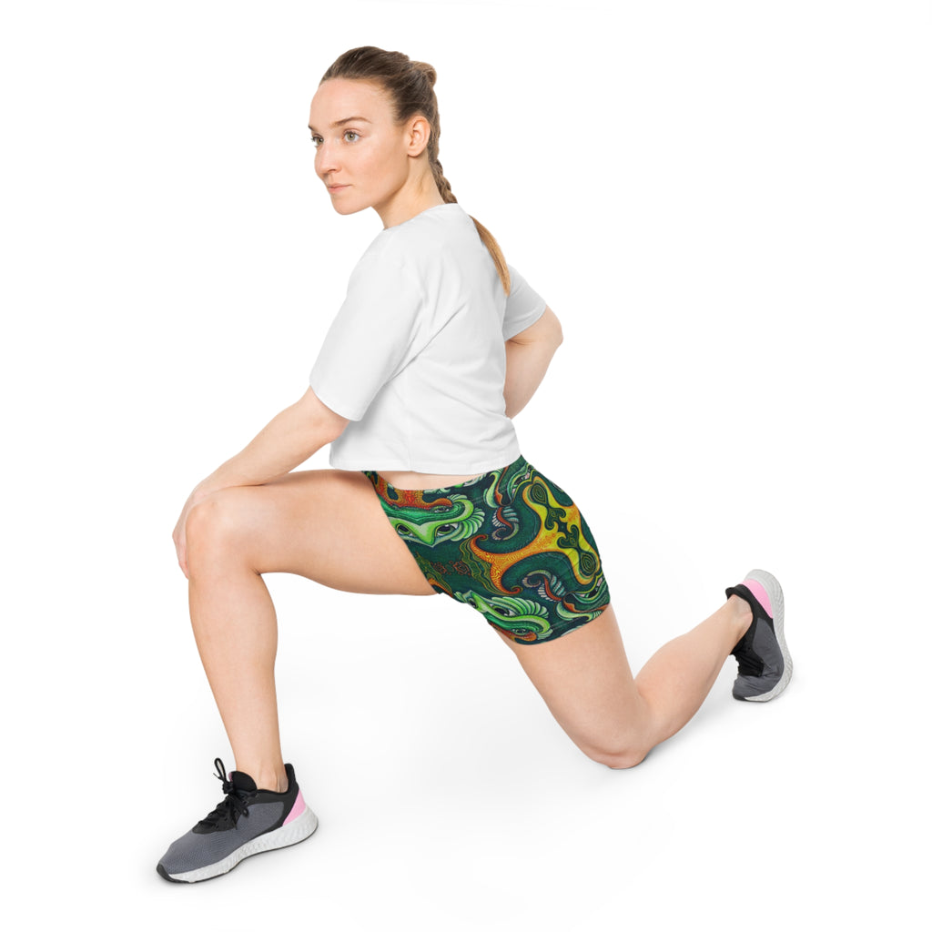 Psychedelic Green Kaleidoscope Women's Shorts — All-Over Print Activewear #f764445