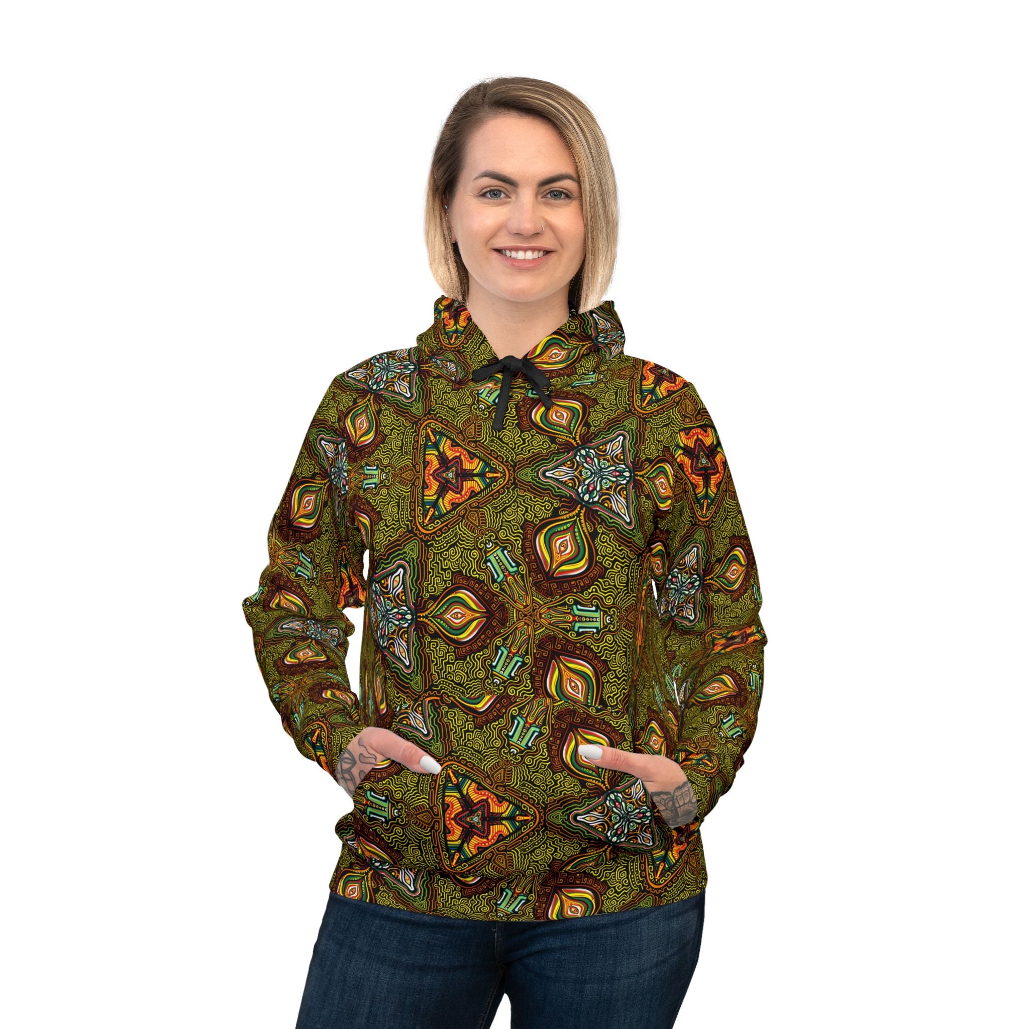 All-Over Print Kaleidoscope Athletic Hoodie — Green Geometric Pattern #k77422