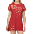 Red Swirl Floral T‑Shirt Dress — Vibrant Abstract Paisley Pattern #vap764