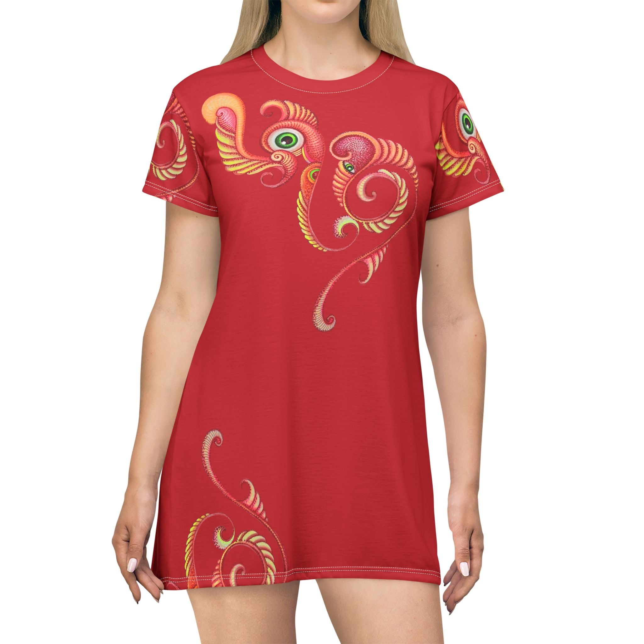 Red Swirl Floral T‑Shirt Dress — Vibrant Abstract Paisley Pattern #vap764