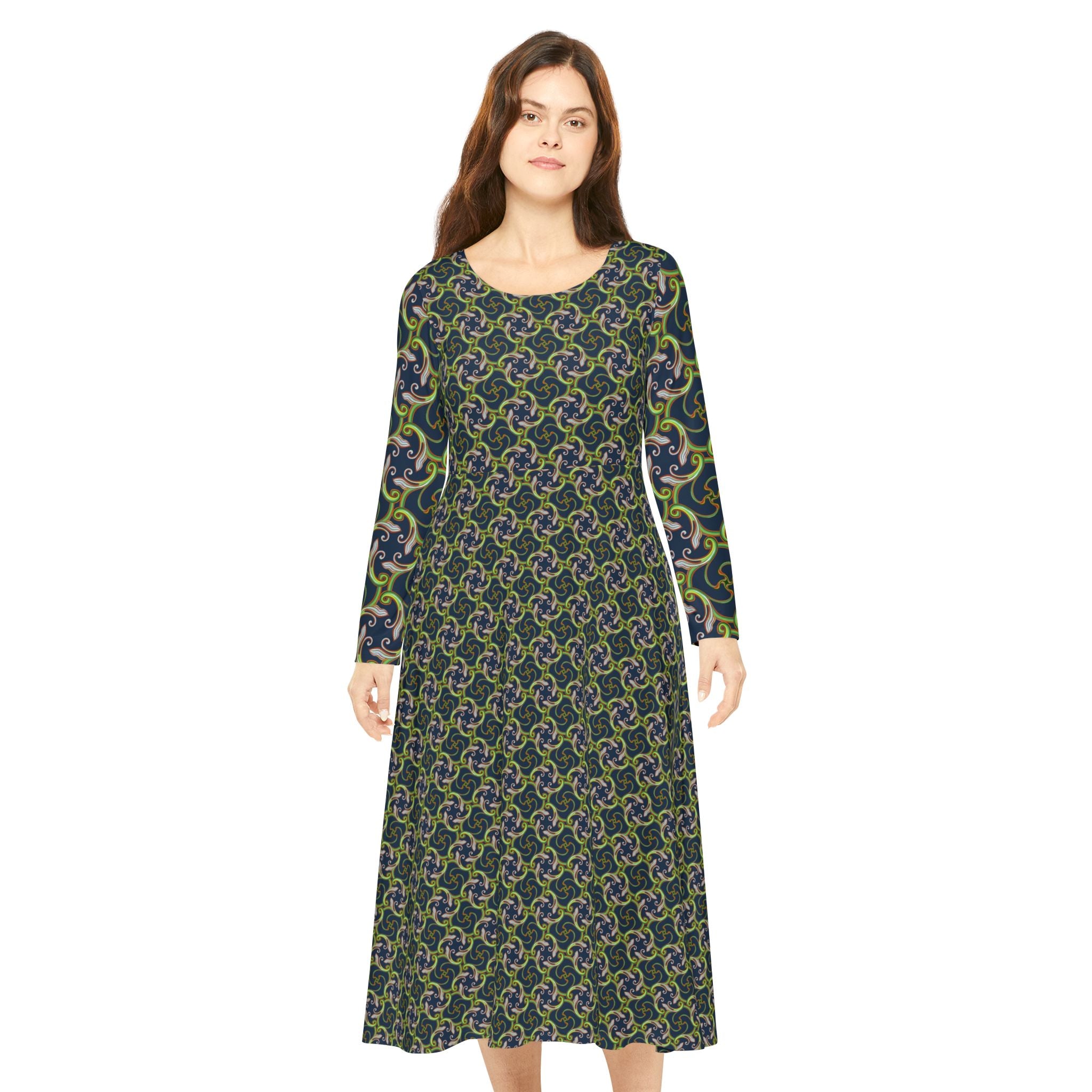 Long Sleeve Dance Dress — Green Celtic Knot All-Over Print #ld1