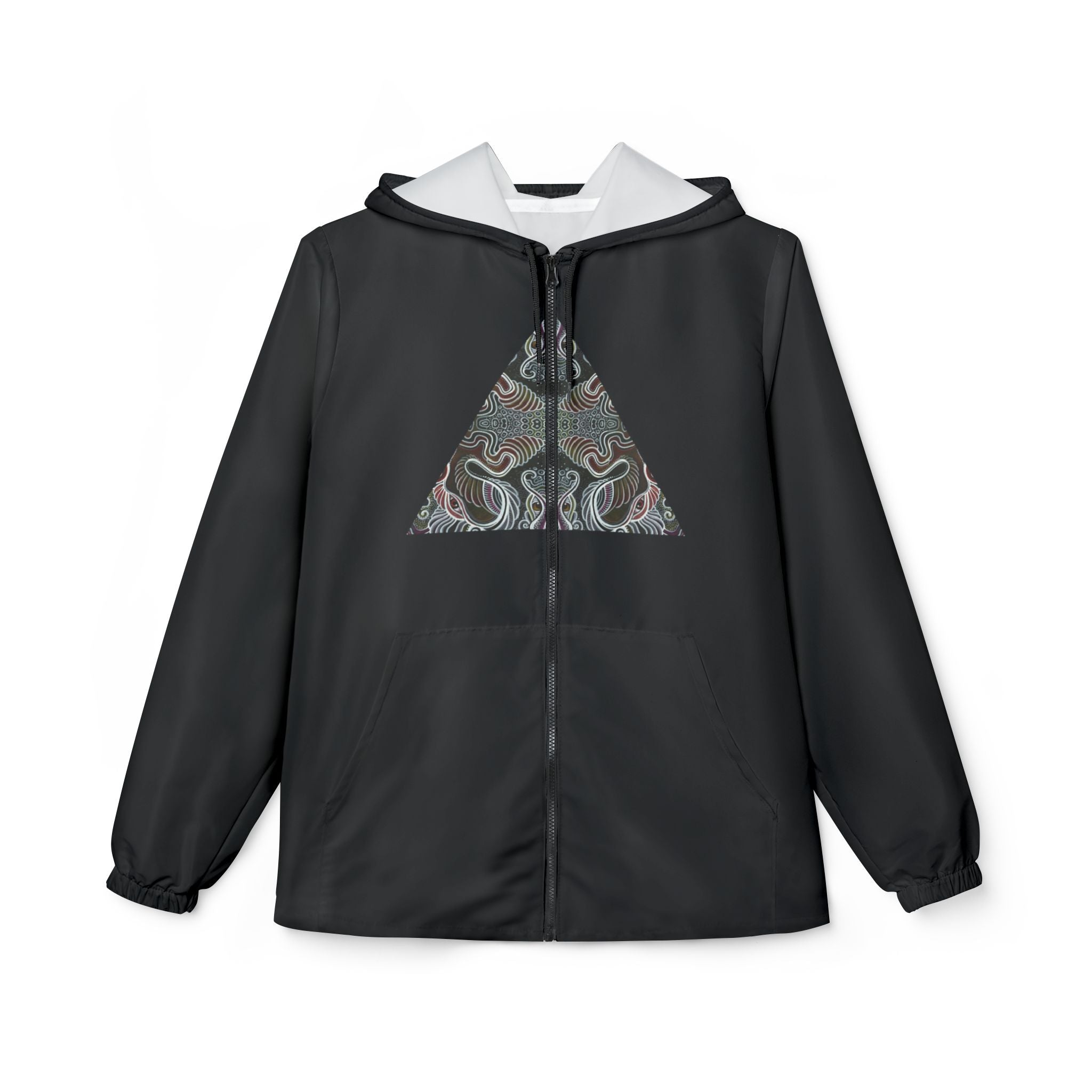 Abstract Triangle Pattern Windbreaker Jacket — Geometric Tribal Print Hooded Jacket #wj3421