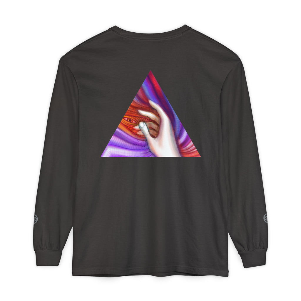 Long Sleeve T-Shirt — Triangular Hand Art Graphic (White) #sh26774
