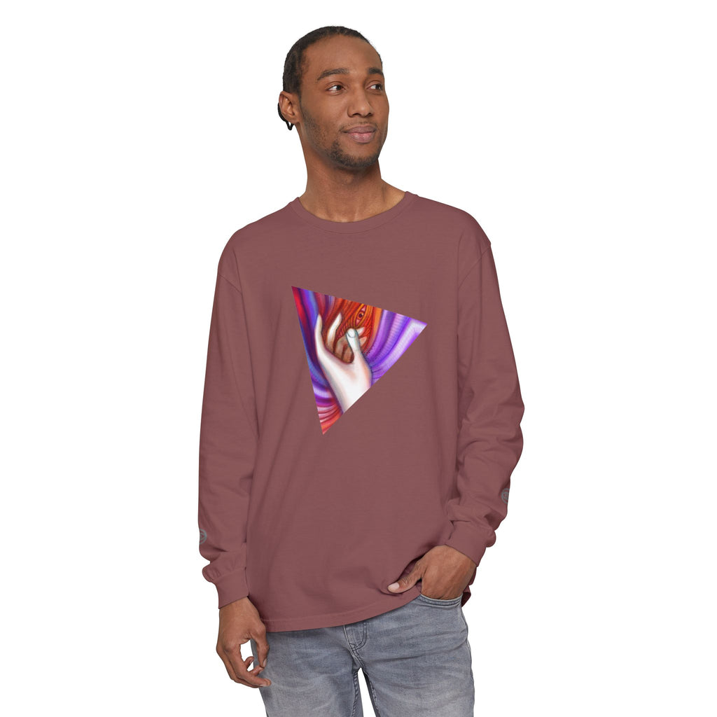 Long Sleeve T-Shirt — Triangular Hand Art Graphic (White) #sh26774
