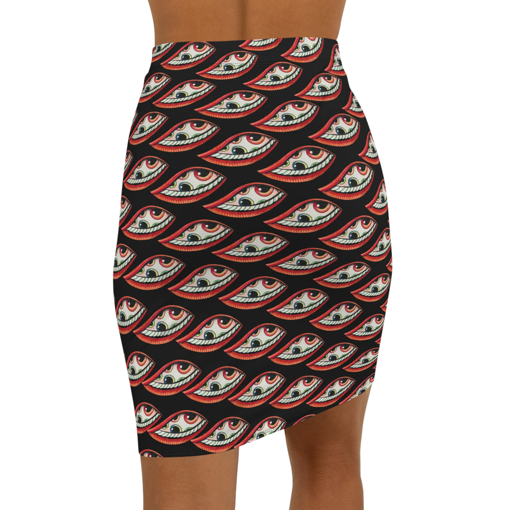 Eye Pattern Pencil Skirt — Red & Black All-Over Print #da456