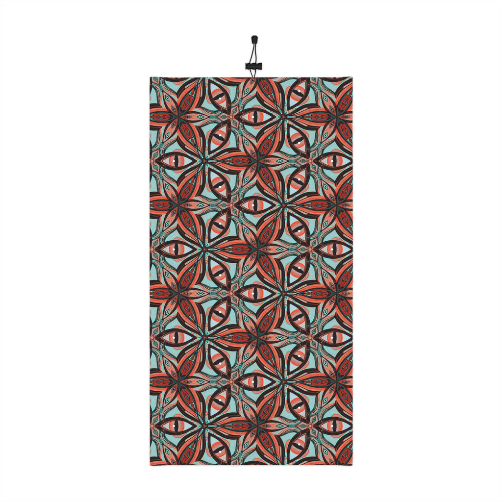 Patterned Winter Neck Gaiter — Red Teal Geometric Drawstring Face Mask