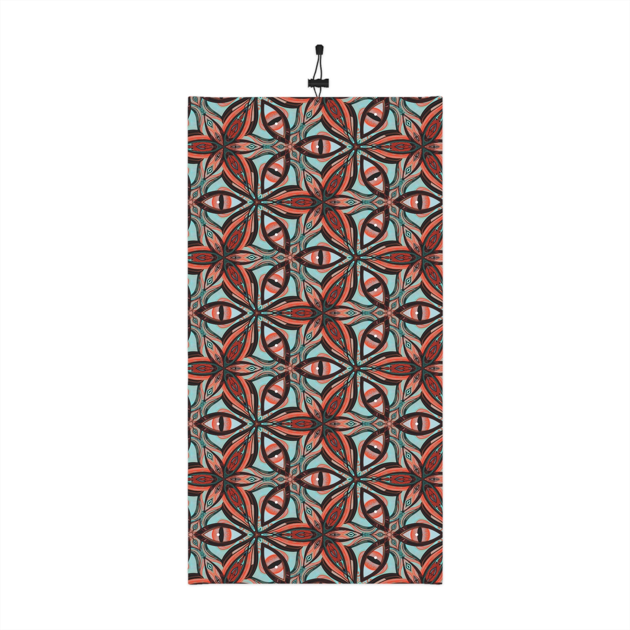 Patterned Winter Neck Gaiter — Red Teal Geometric Drawstring Face Mask