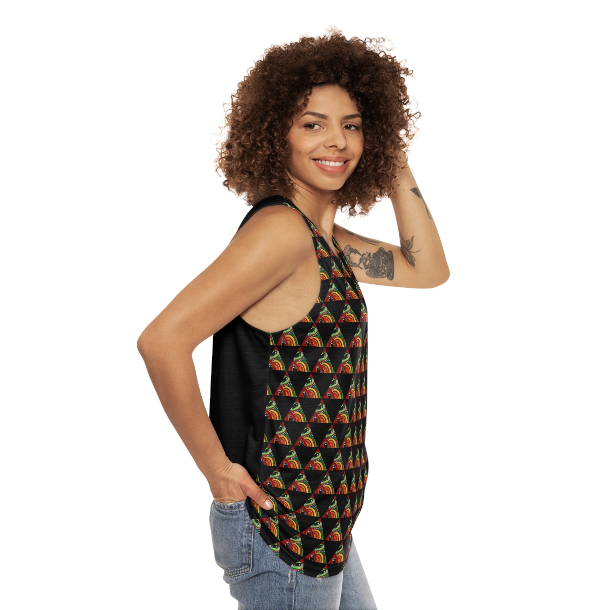 Psychedelic Triangle Pattern Tank Top — Black All-Over Print #kh97535