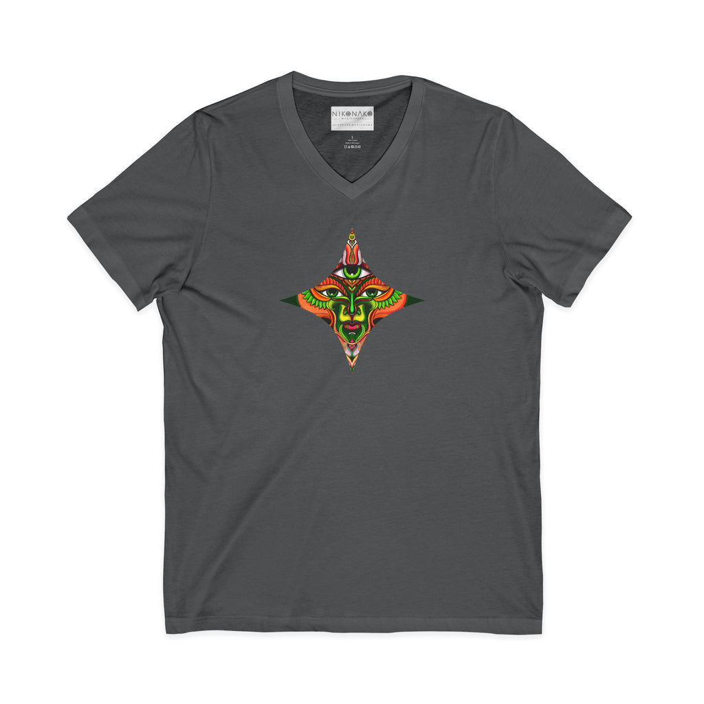 Tribal Mask Diamond Tee — Vibrant Ethnic Face Graphic V‑Neck T‑Shirt #hg 08656