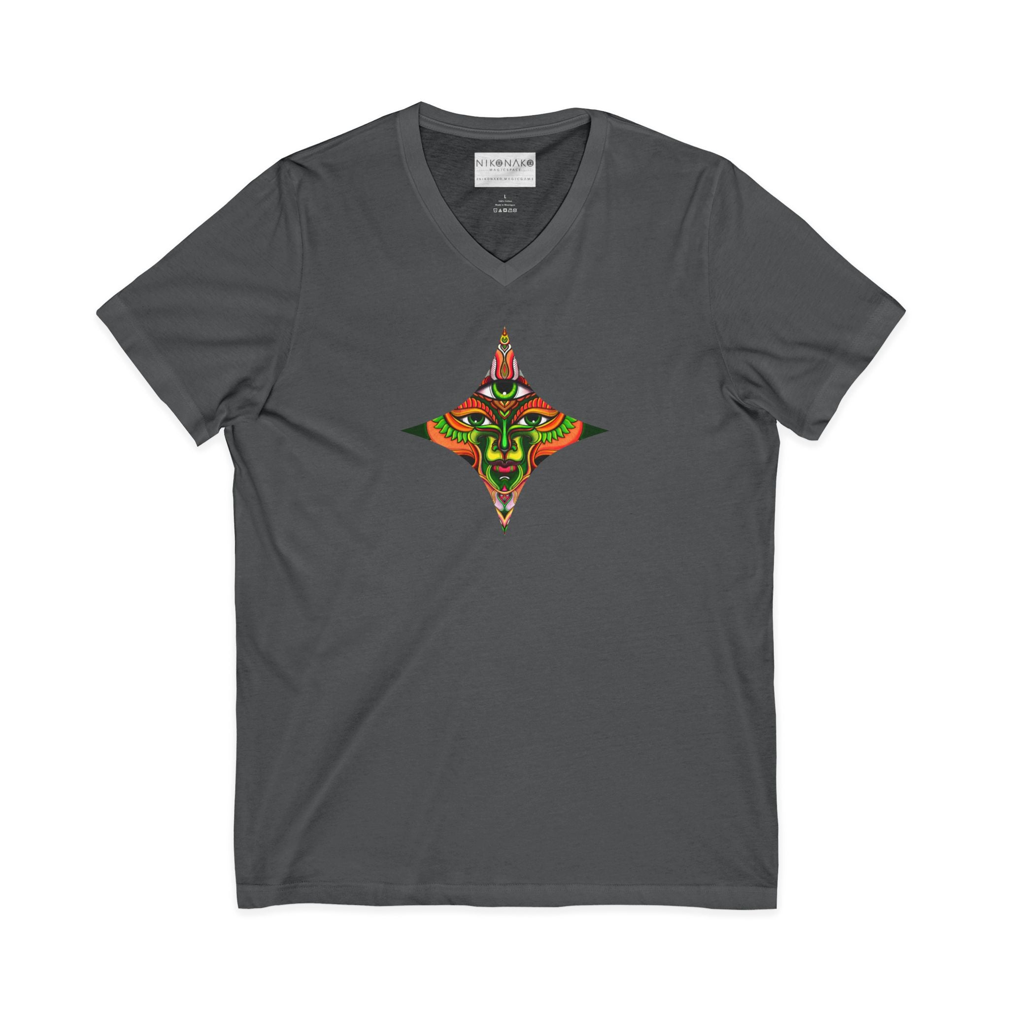 Tribal Mask Diamond Tee — Vibrant Ethnic Face Graphic V‑Neck T‑Shirt #hg 08656