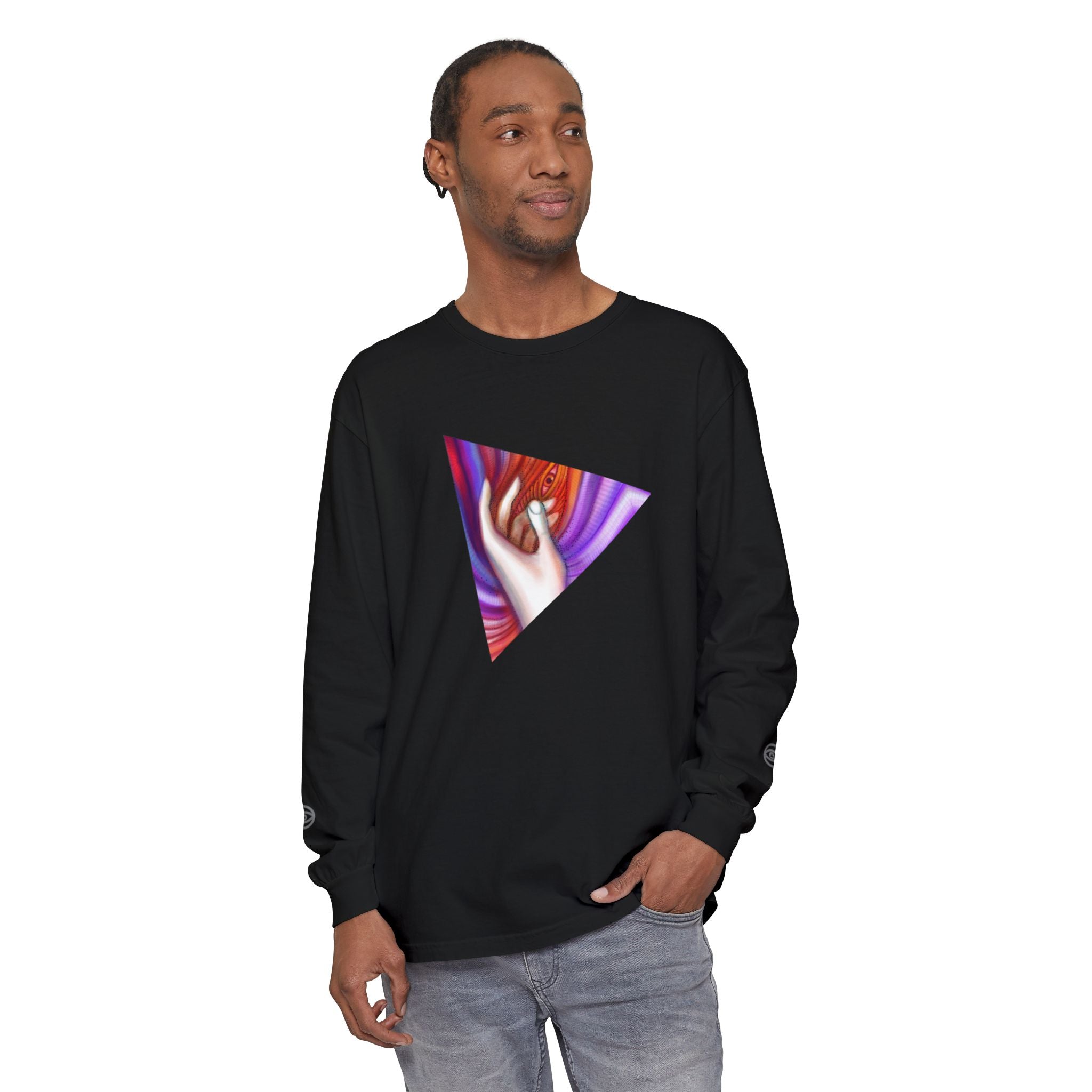 Long Sleeve T-Shirt — Triangular Hand Art Graphic (White) #sh26774