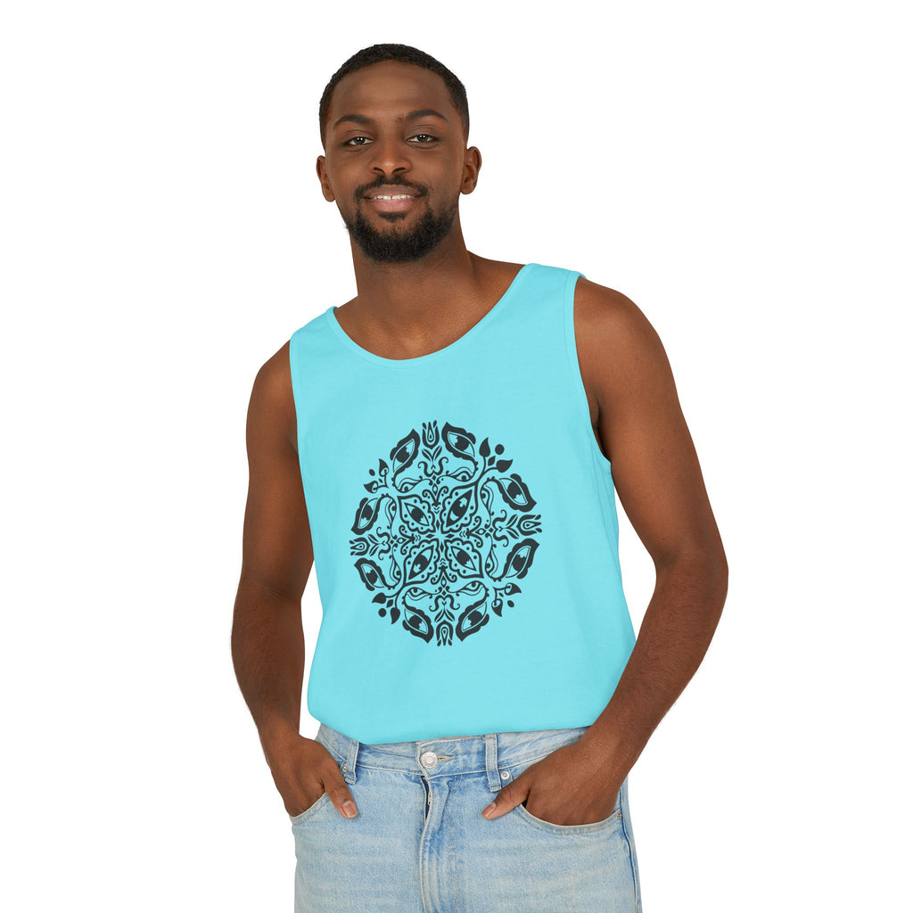 Boho Mandala Tank Top — Black Floral Circular Graphic Tank #fr3