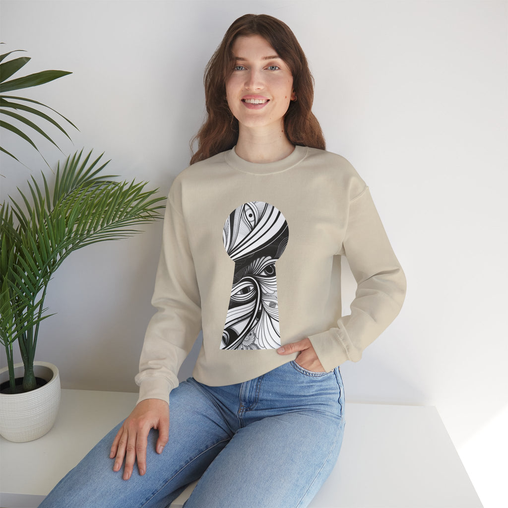 Crewneck Sweatshirt — Black & White Surreal Eye Keyhole Design #h5522168