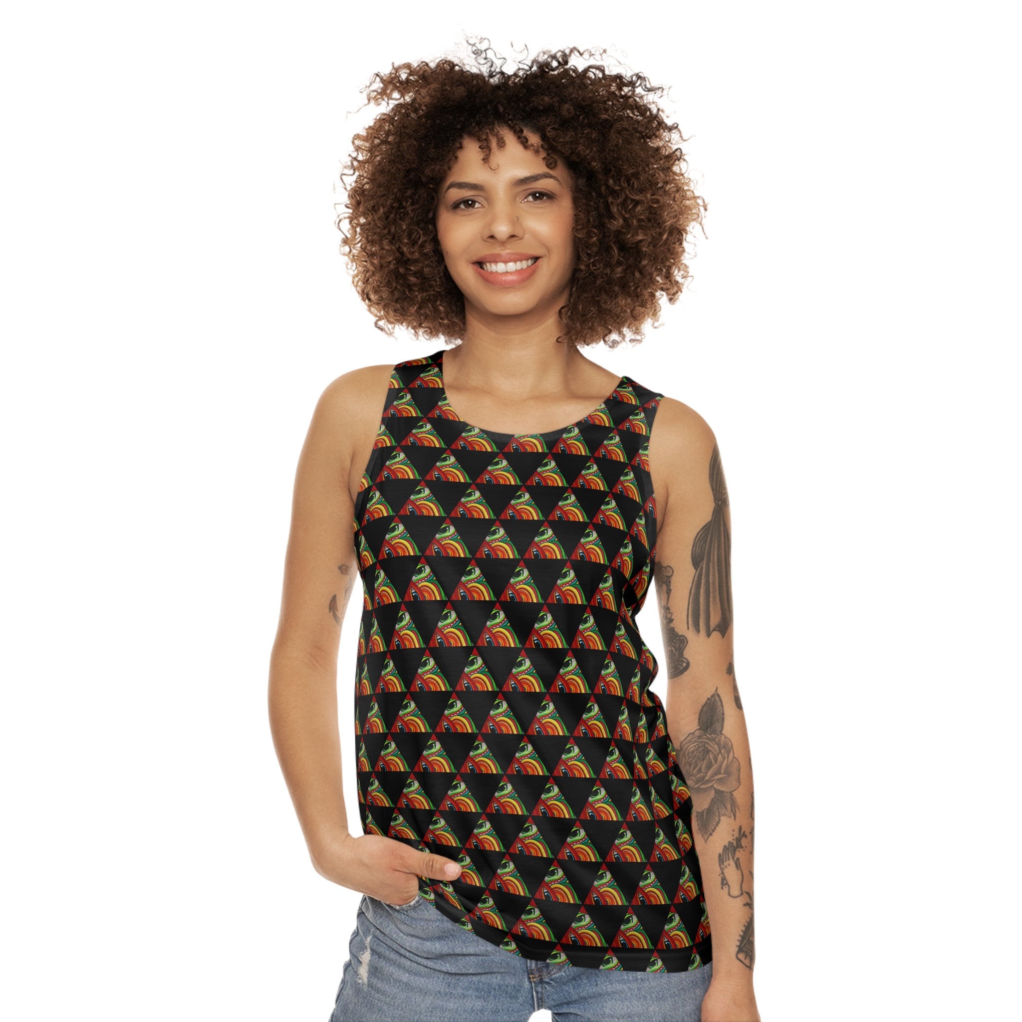 Psychedelic Triangle Pattern Tank Top — Black All-Over Print #kh97535