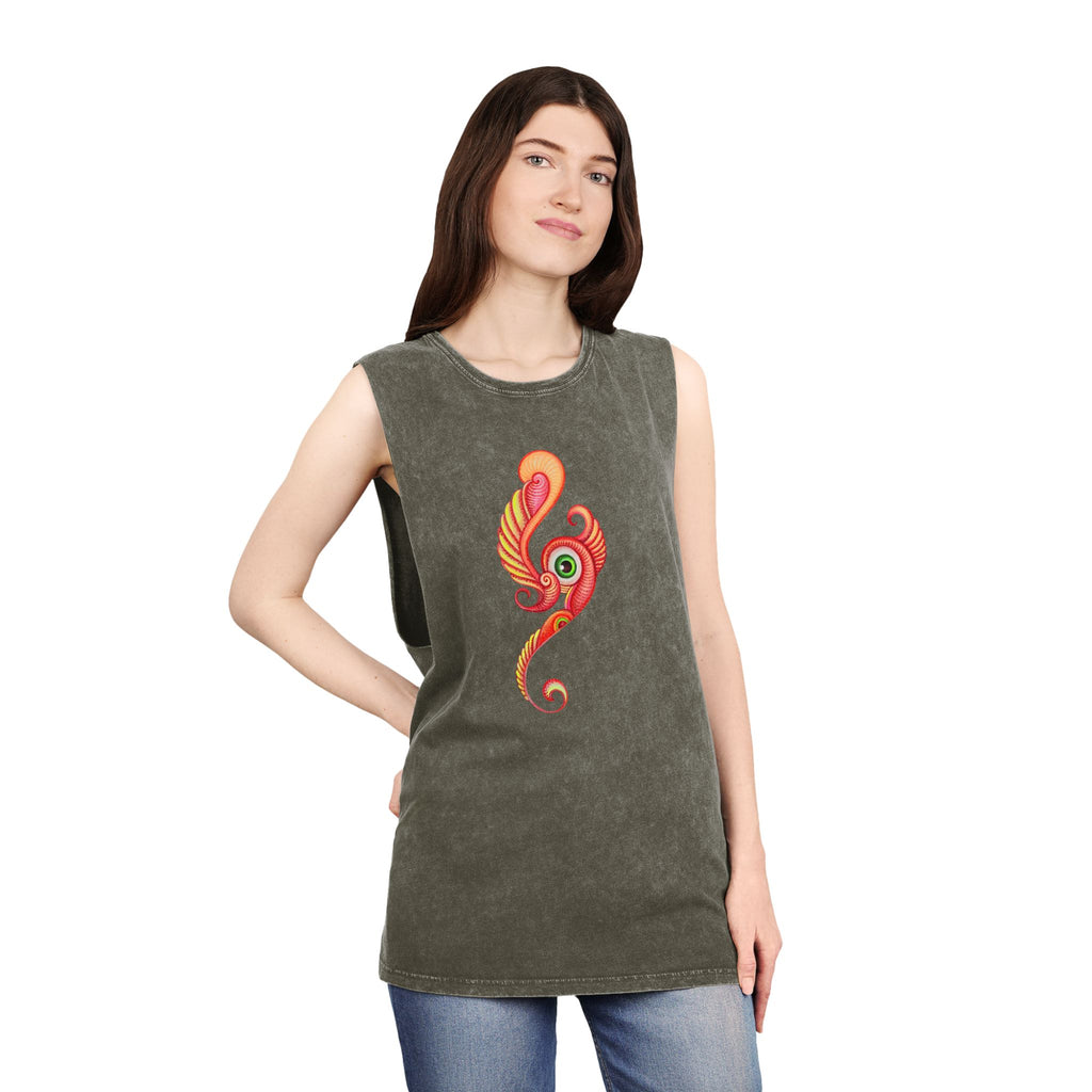 Stonewash Tank Top with Vibrant Abstract Feather Design #rgy3566