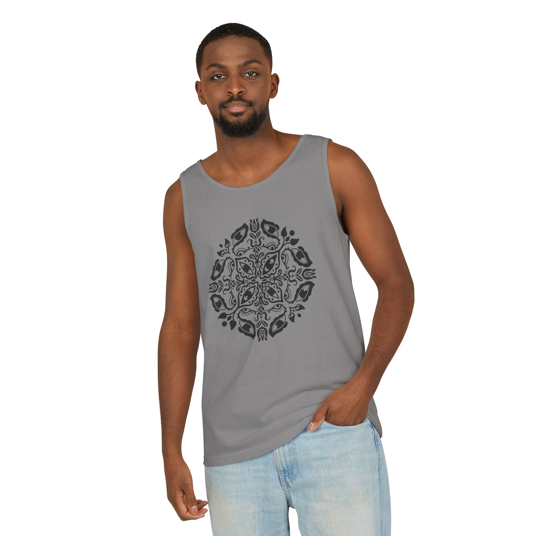 Boho Mandala Tank Top — Black Floral Circular Graphic Tank #fr3