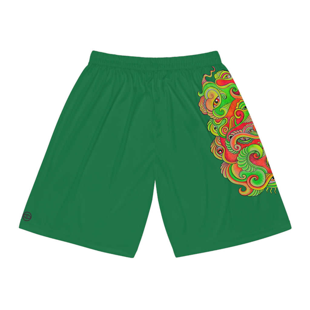 Green Dragon Swirl Basketball Shorts - Vibrant AOP Athletic Wear