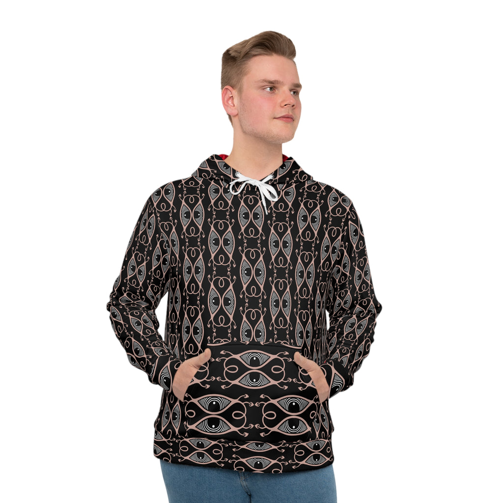 Men's All-Over Print Hoodie — Black & Rose Geometric Eye Pattern #h64578
