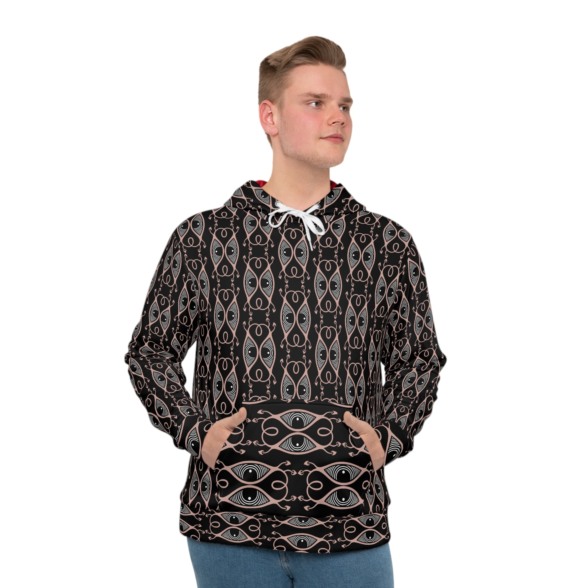 Men's All-Over Print Hoodie — Black & Rose Geometric Eye Pattern #h64578