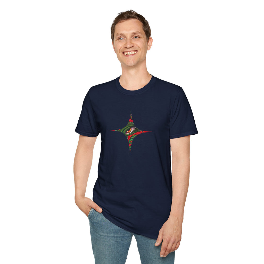 Geometric Tribal Eye Tee — Abstract Red & Green Triangle Graphic T-Shirt #sx432177