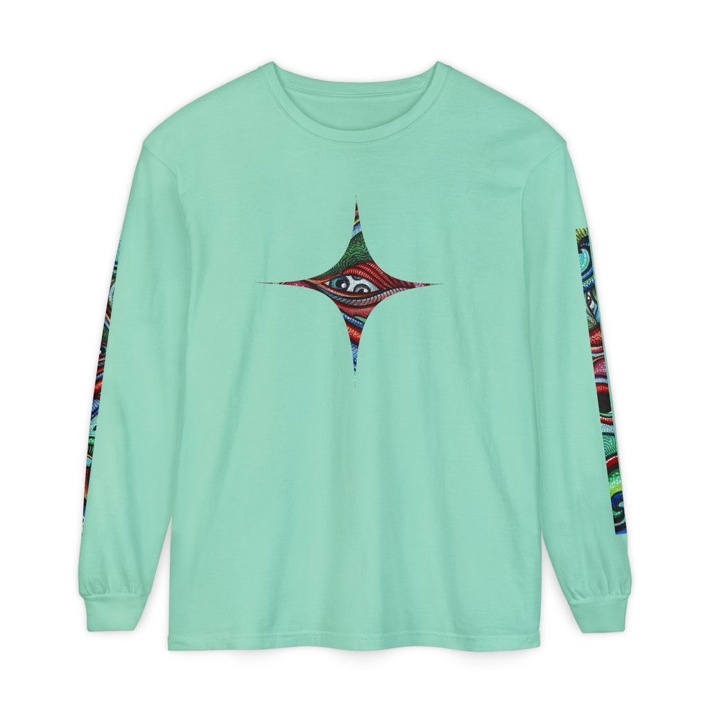 Psychedelic Starburst Long Sleeve Tee — Colorful Eye & Sleeve Stripe Design #k976344