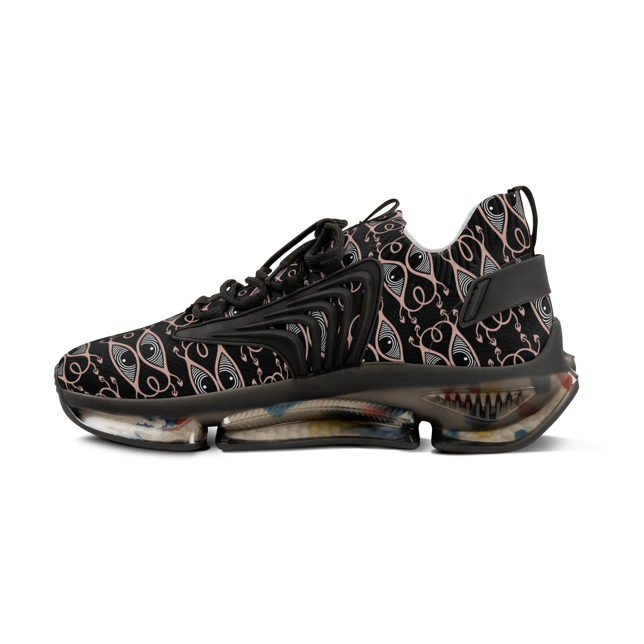 Men's Mesh Sneakers — Black Geometric Eye Pattern Athletic Shoes #h98657