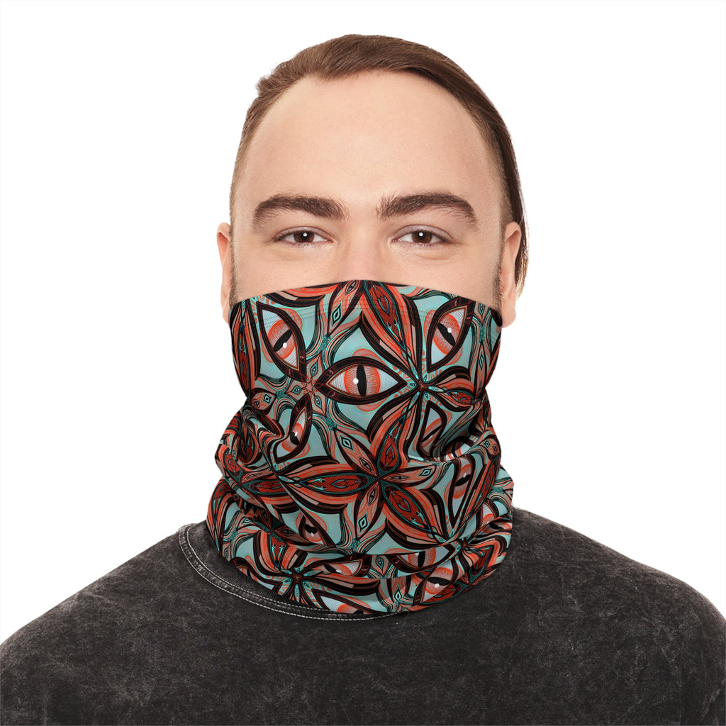 Patterned Winter Neck Gaiter — Red Teal Geometric Drawstring Face Mask