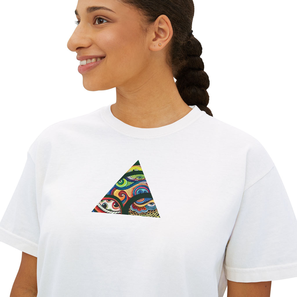 Women's Boxy Tee with Abstract Colorful Triangle (Front) & Heart (Back) Art — Casual Graphic Crop Top #hd9859