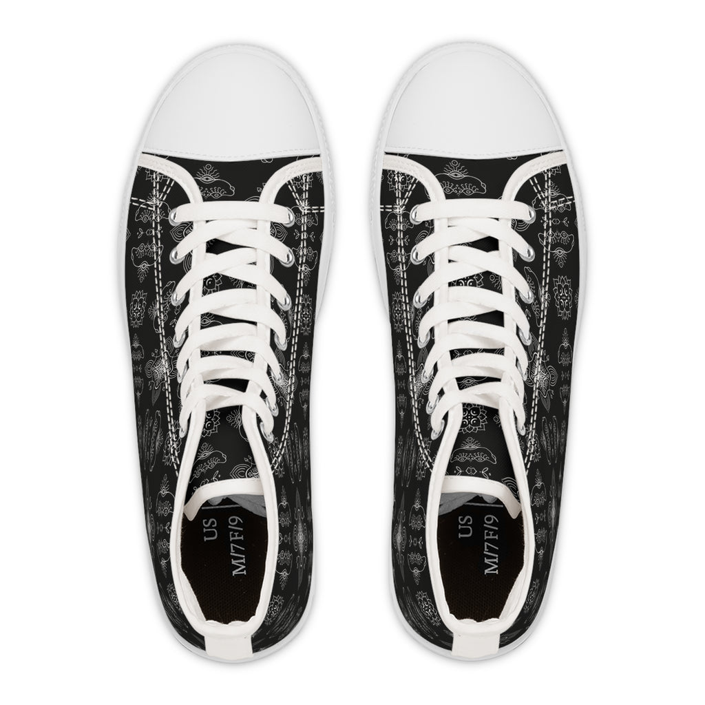 High Top Sneakers - Black Paisley Pattern Women's Canvas Shoes #d3566