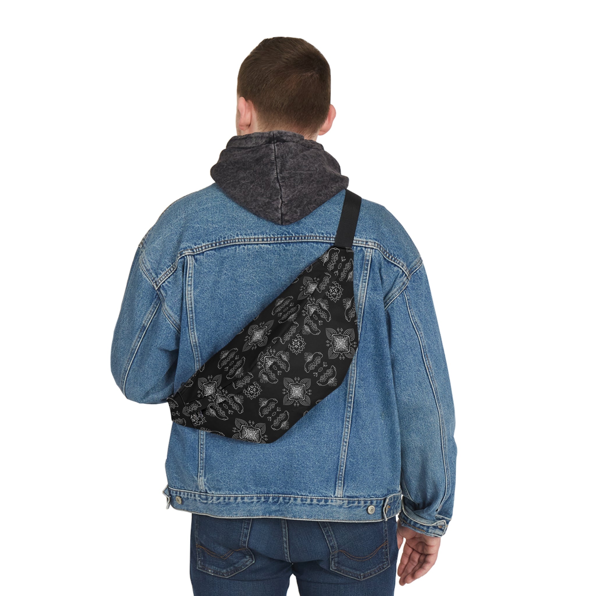 Black Bandana-Print Large Fanny Pack — Stylish Hands-Free Waist Bag #t434567