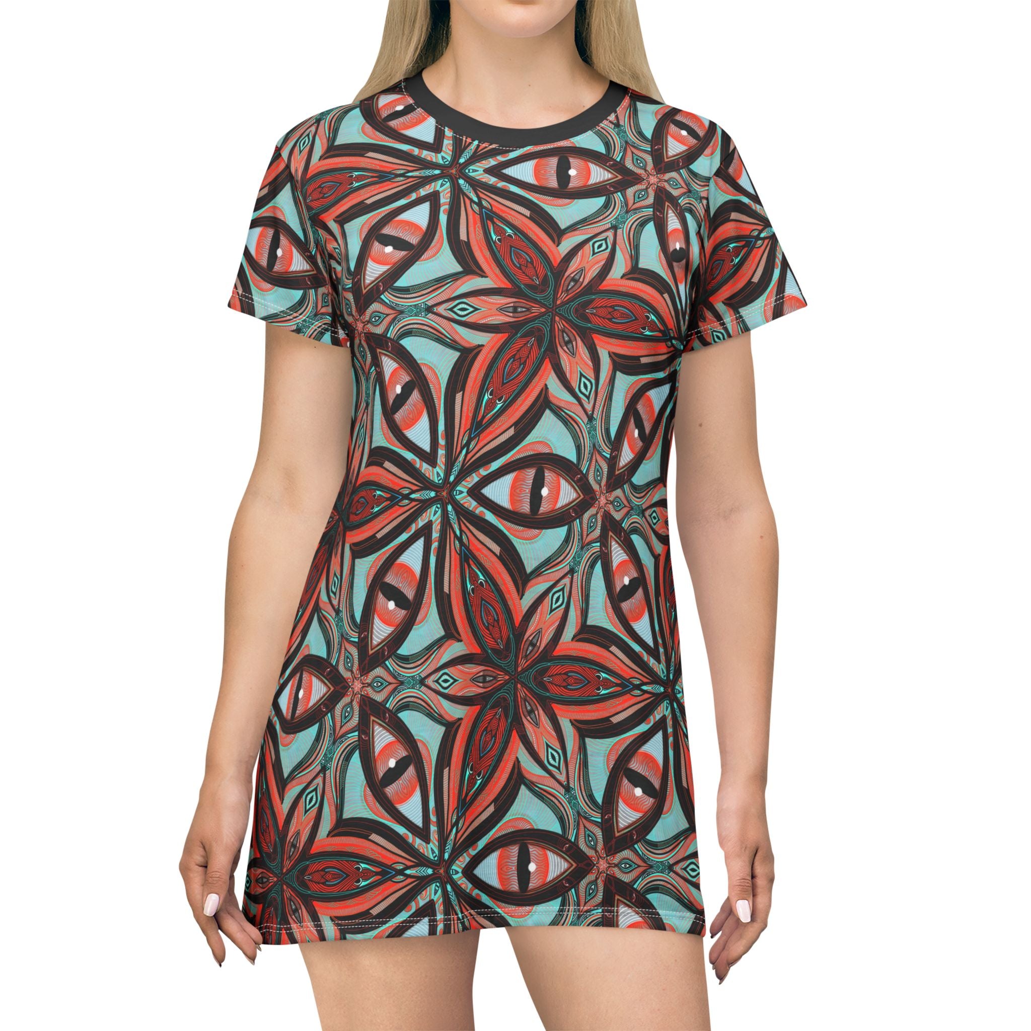 Bohemian Geo Floral T‑Shirt Dress — All‑Over Print Kaleidoscope Pattern #ji762