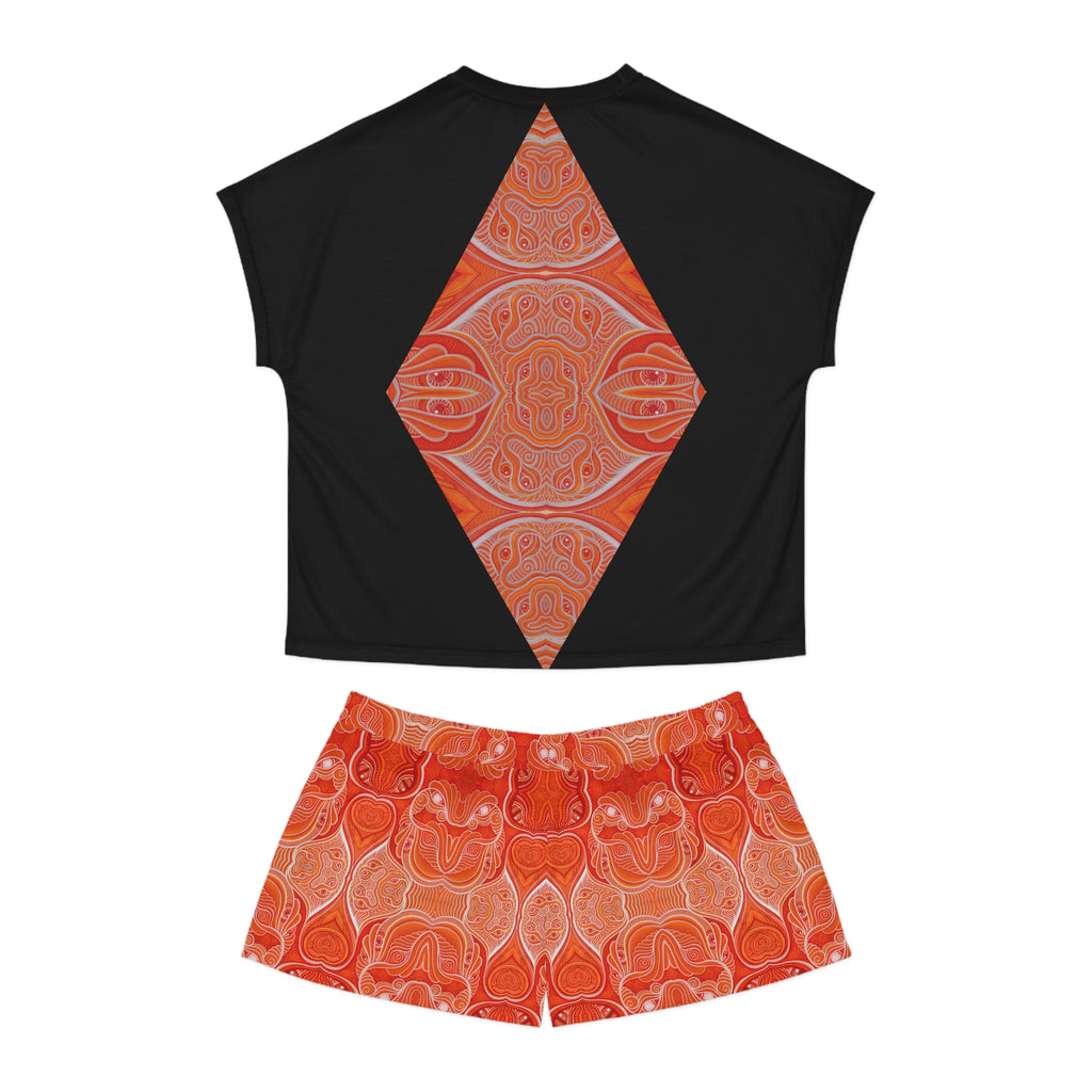 Women's Geometric Triangle Pajama Set — Orange Kaleidoscope Sleep Shorts & Tee #y77428