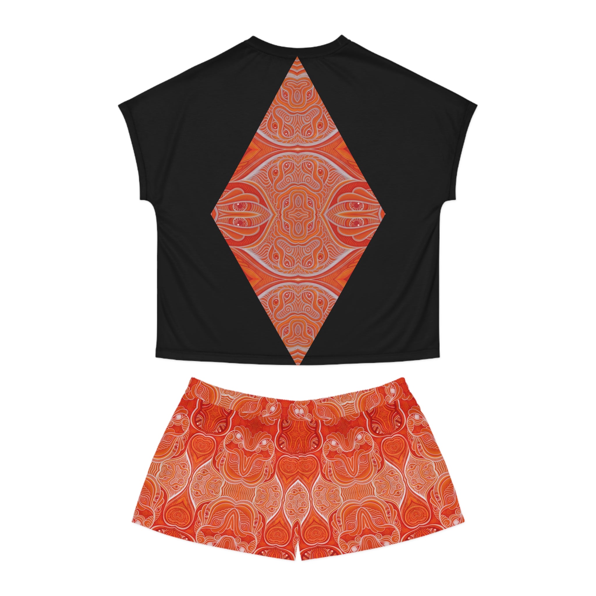 Women's Geometric Triangle Pajama Set — Orange Kaleidoscope Sleep Shorts & Tee #y77428