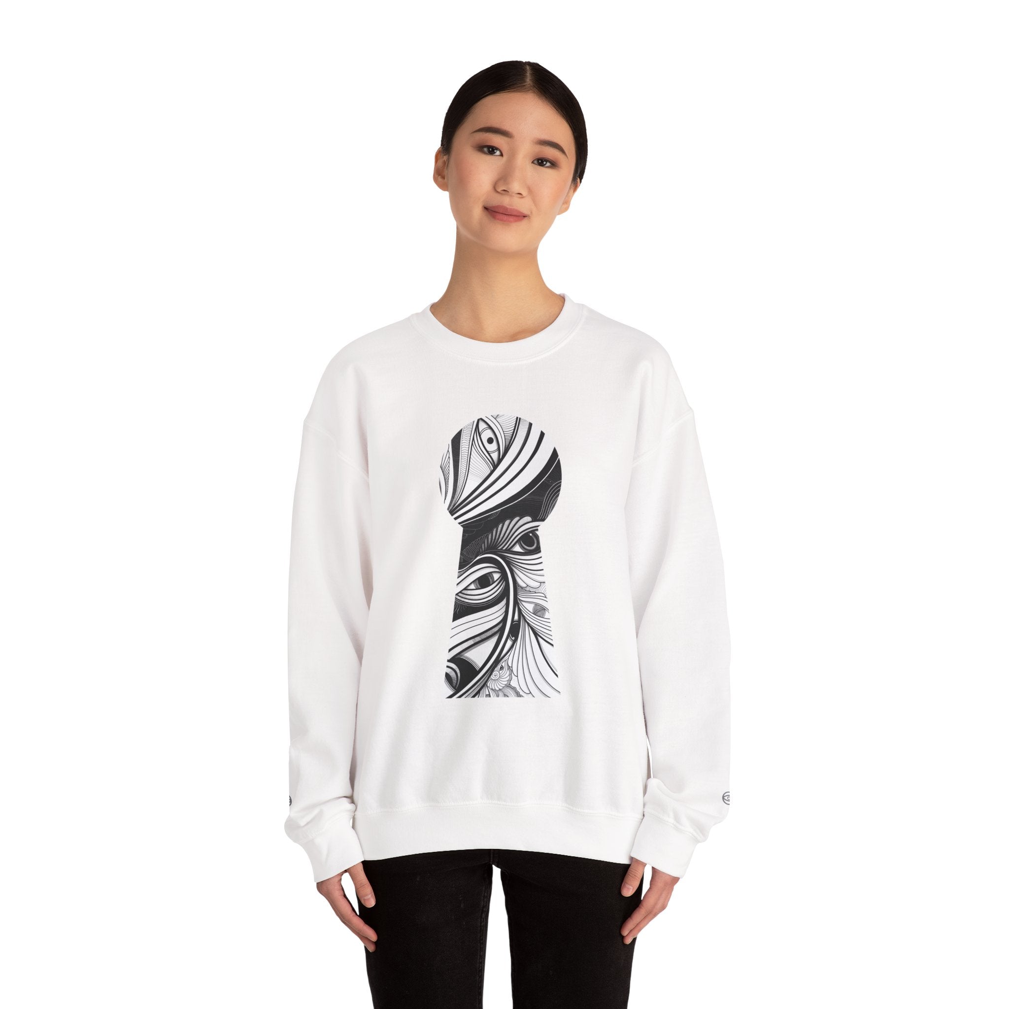 Crewneck Sweatshirt — Black & White Surreal Eye Keyhole Design #h5522168