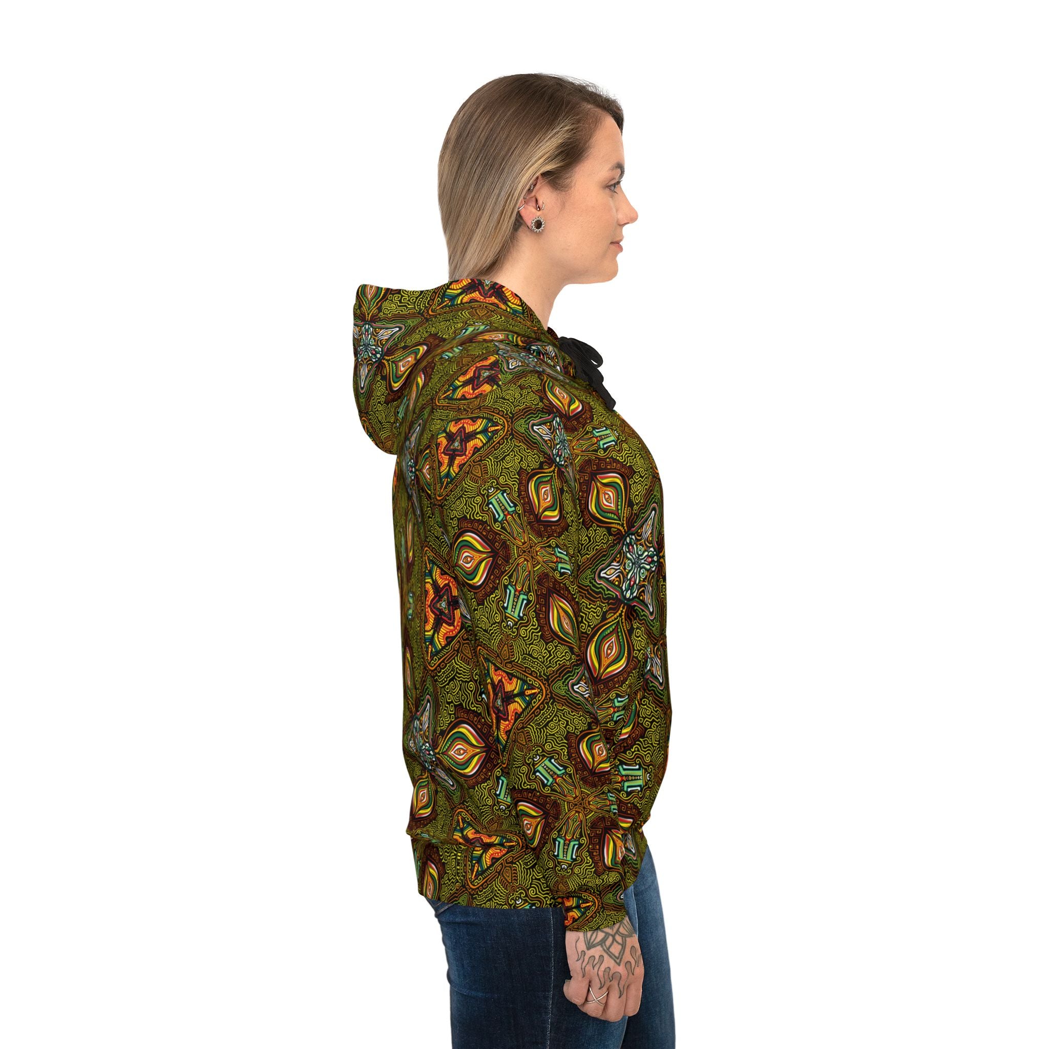 All-Over Print Kaleidoscope Athletic Hoodie — Green Geometric Pattern #k77422