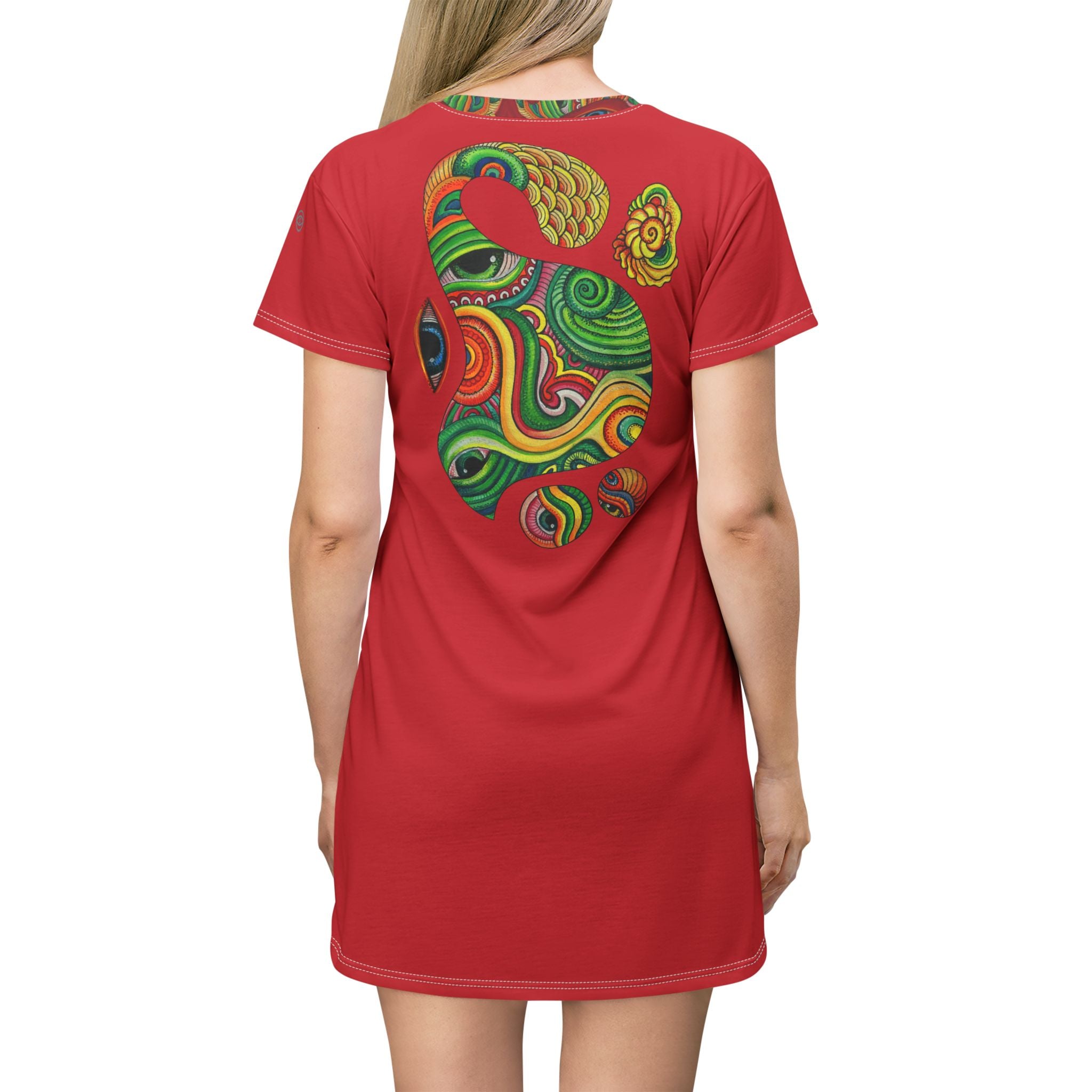 Psychedelic Floral AOP T‑Shirt Dress — Retro Rainbow Swirl Pattern