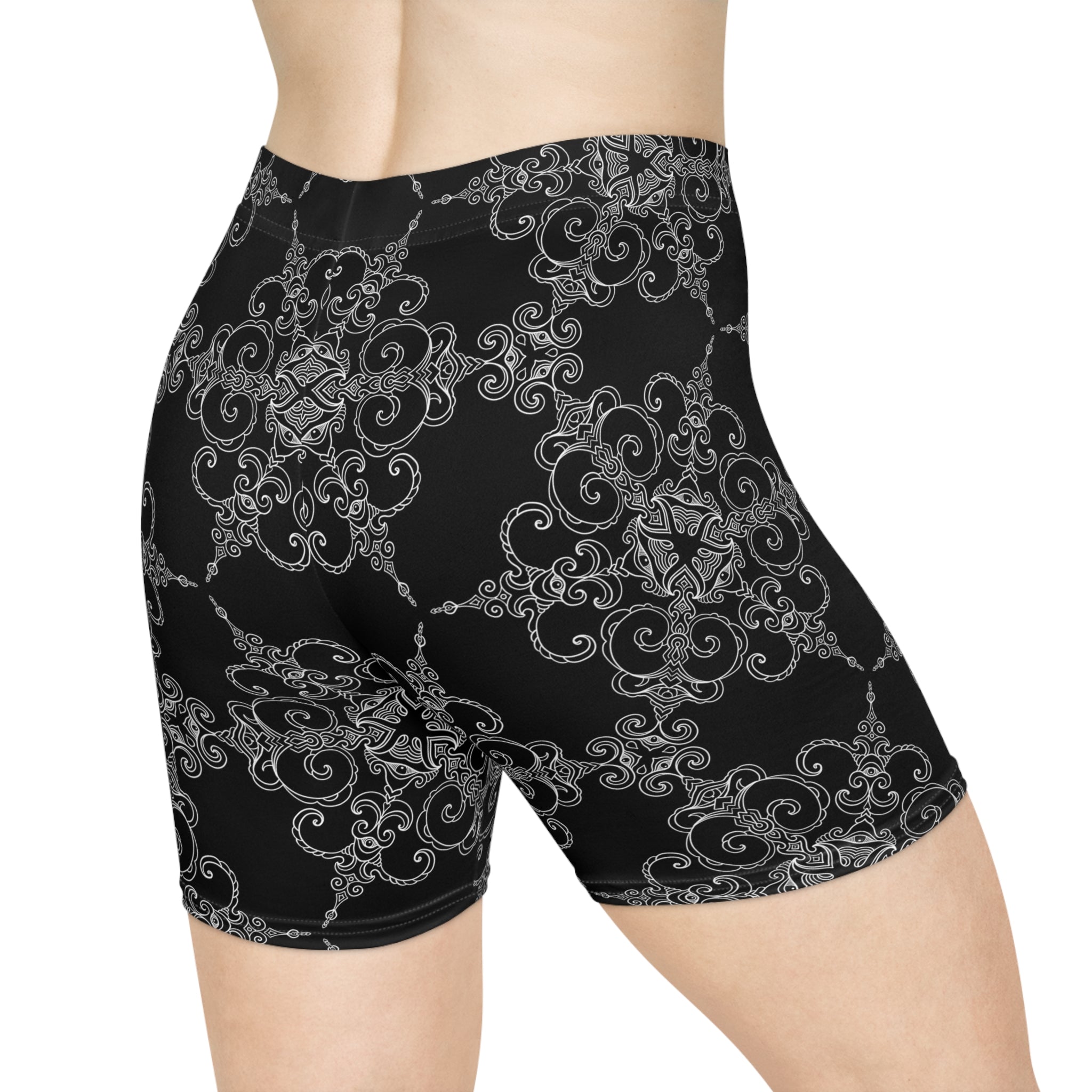 Mandala Lace Biker Shorts — Black Floral Kaleidoscope Women’s Activewear #g65467