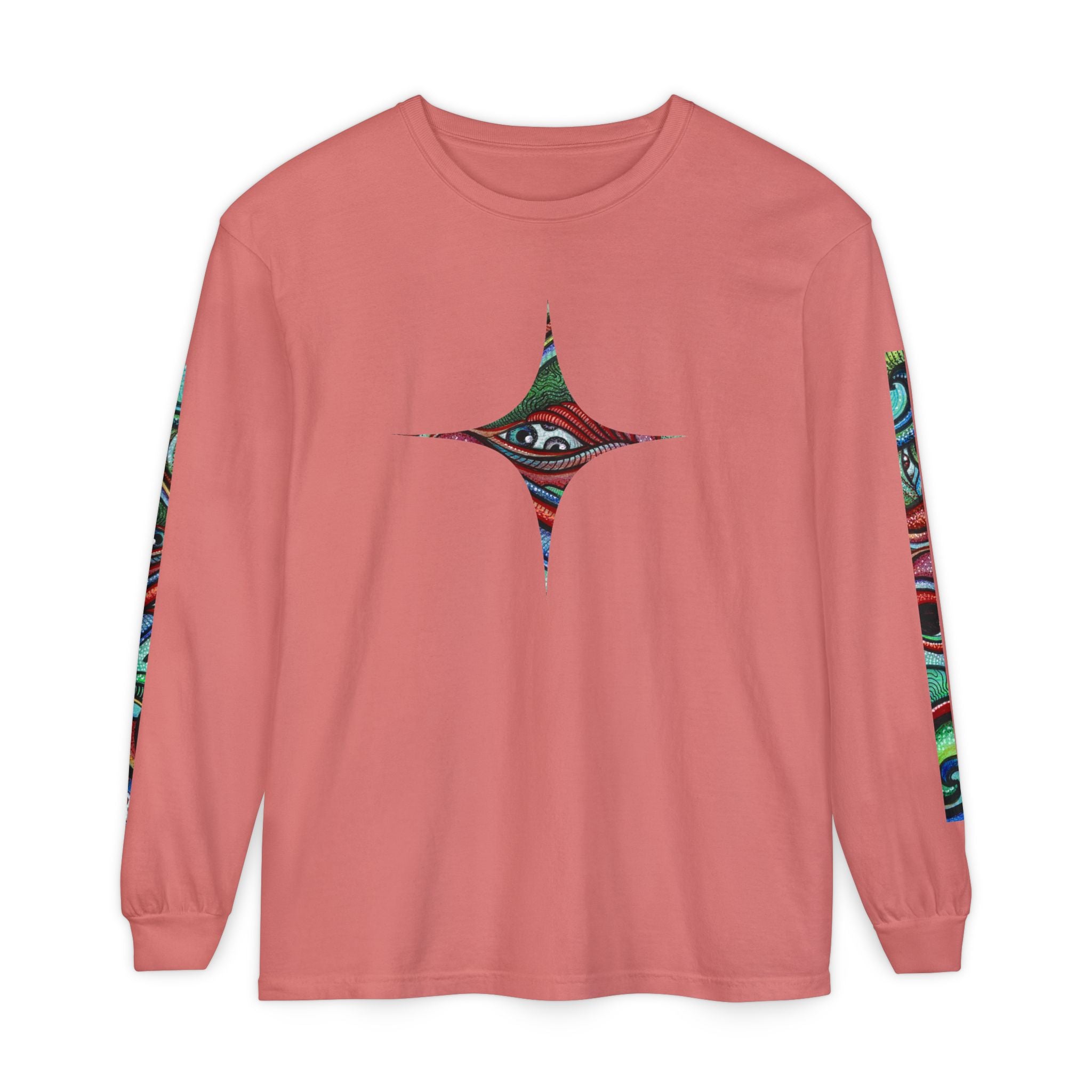 Psychedelic Starburst Long Sleeve Tee — Colorful Eye & Sleeve Stripe Design #k976344