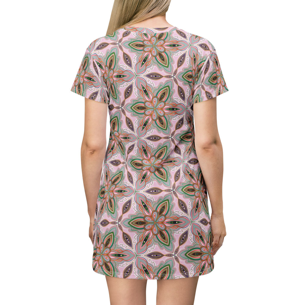 Floral Kaleidoscope T-Shirt Dress — Pink Boho All-Over Print #sd14564