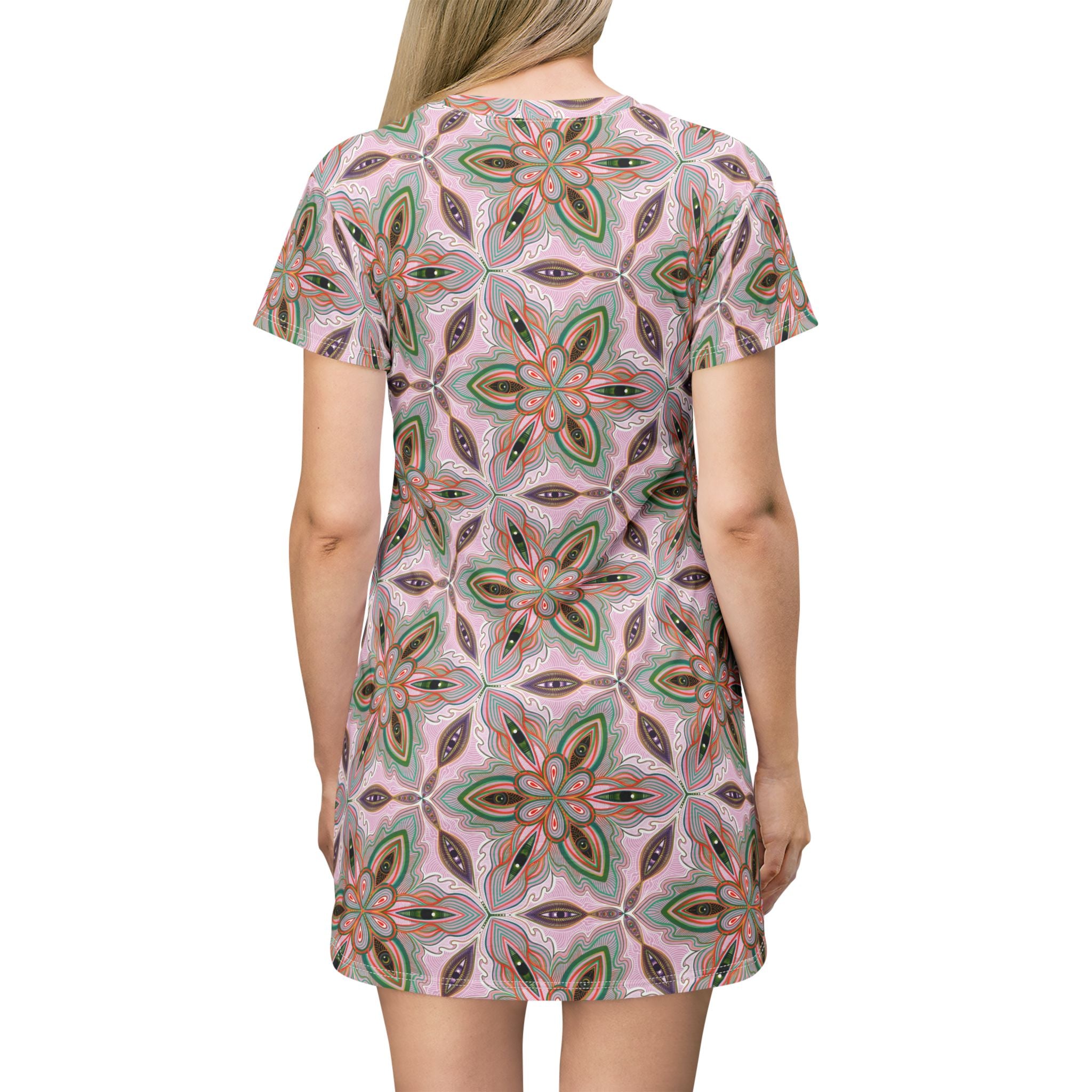 Floral Kaleidoscope T-Shirt Dress — Pink Boho All-Over Print #sd14564