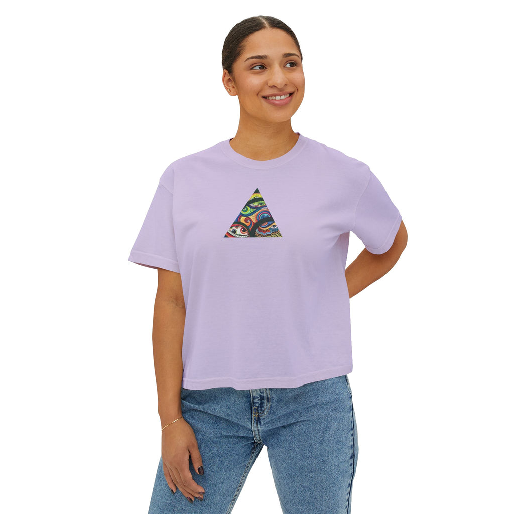 Women's Boxy Tee with Abstract Colorful Triangle (Front) & Heart (Back) Art — Casual Graphic Crop Top #hd9859
