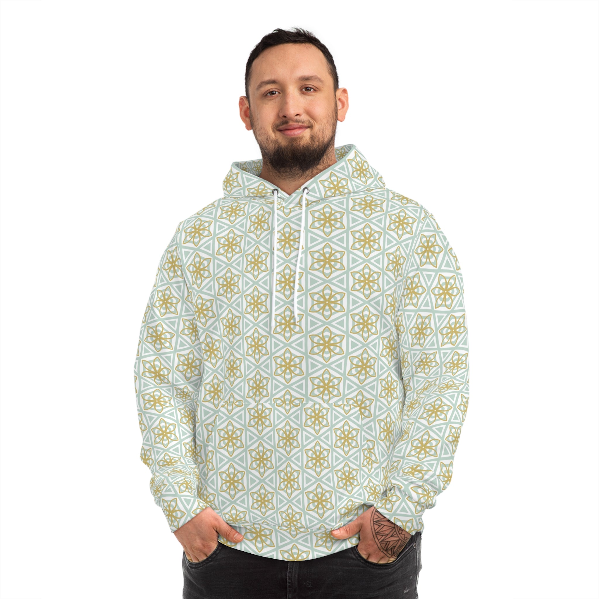 Geometric Star Pattern Hoodie — Gold & Mint All-Over Print #u356782