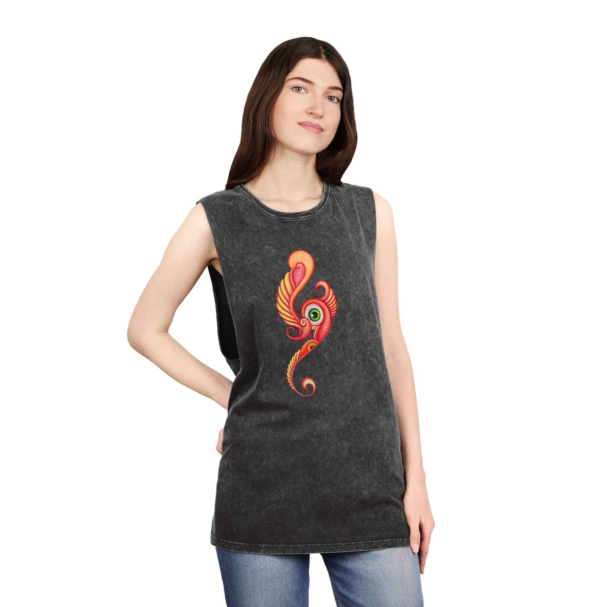 Stonewash Tank Top with Vibrant Abstract Feather Design #rgy3566